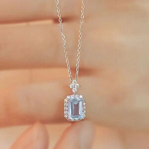 925 Sterling Silver Dainty Aquamarine Diamond Necklace Minimalist Blue Necklace